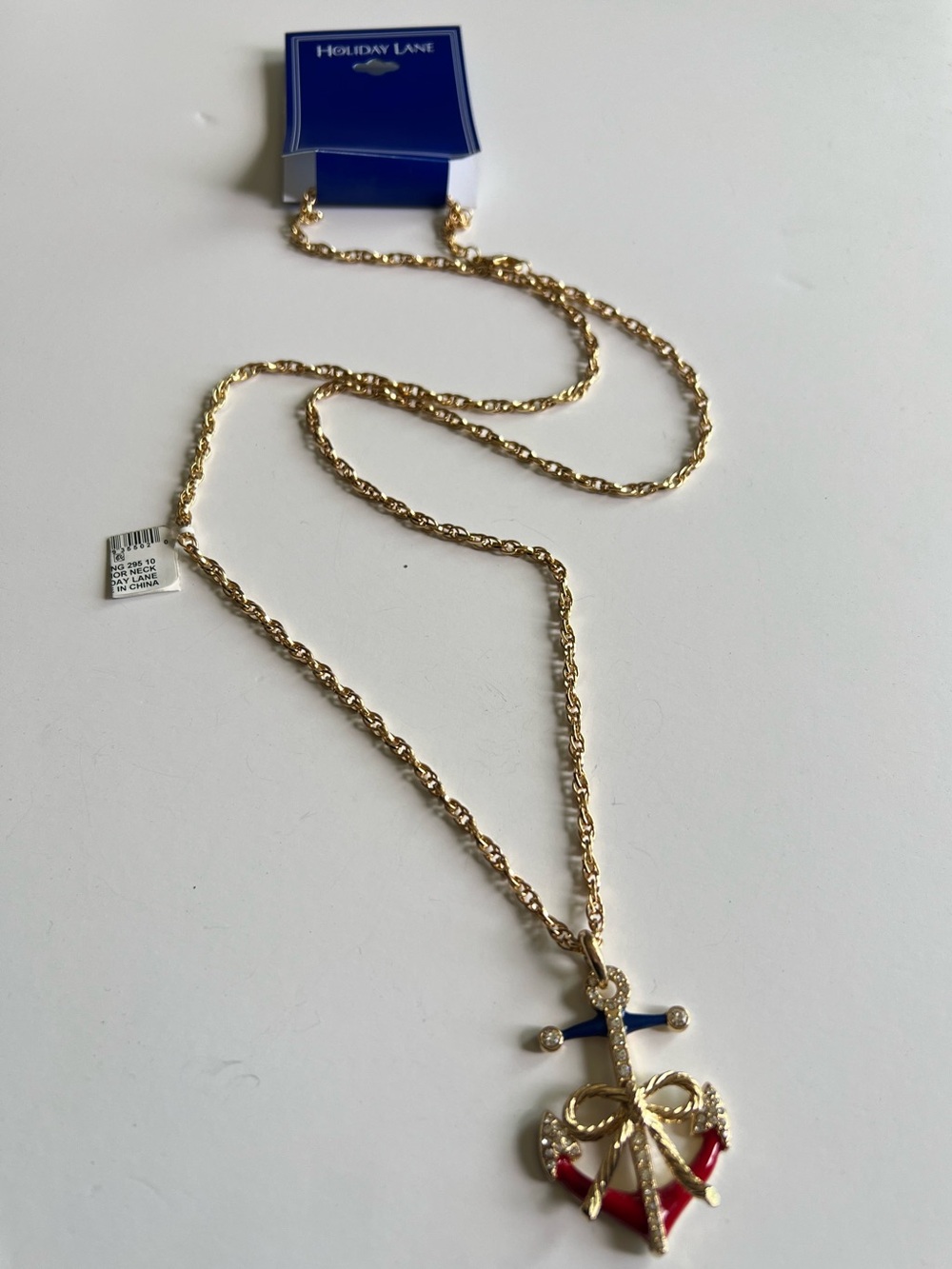 Long Gold-Tone Anchor & Heart Pendant Necklace - Red & Blue / vacation